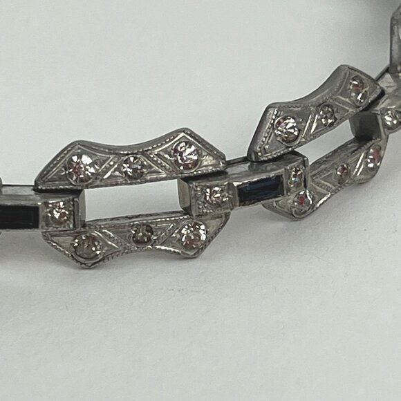 Vintage Art Deco Style Silver-Tone Bracelet Marcasite & Blue Stones - Picture 2 of 9